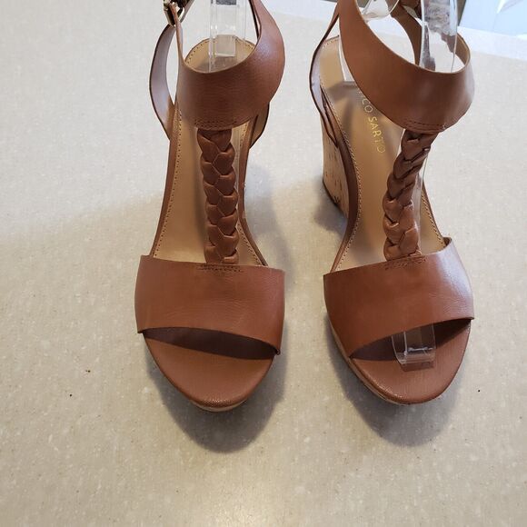 Franco Sarto Chestnut Leather Wedges.  Size 11 T-Strap Cork Platform. - Picture 2 of 9